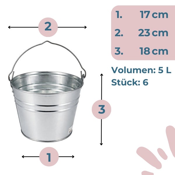 Abmessungen eines Eimers aus Metall mit einem Volumen von 5 Litern, 6 Stück