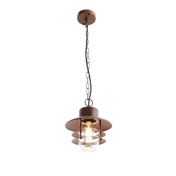 Pendelleuchte für den Außenbereich aus braunem Metall mit klarem Glasschirm und Kettenaufhängung.