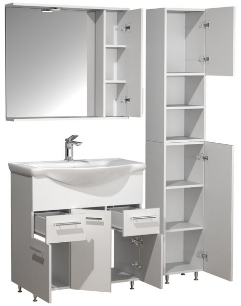 Badezimmerset mit Waschtischunterschrank, Waschbecken, Spiegelschrank und Hochschrank mit offenen Türen und Schubladen