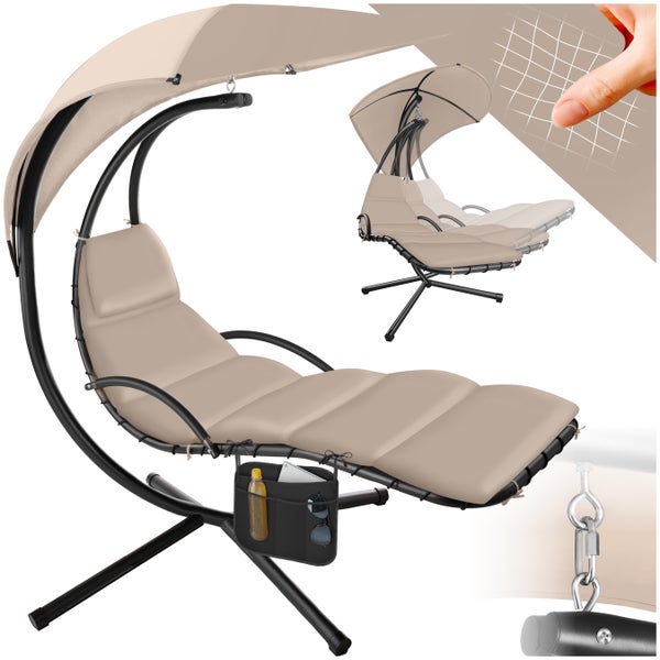 Hängeliege tectake Elaria 195 x 132 x 197 cm, mit Seitentasche großes Sonnendach mit UV-Schutz beige
