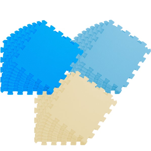 Puzzlespielmatte aus Schaumstoff in Dunkelblau, Hellblau und Beige, strukturierte Oberfläche, ineinandergreifende Ränder.