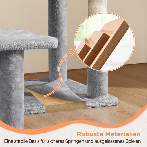 Detailansicht der robusten Materialien eines grauen Katzenkratzbaums