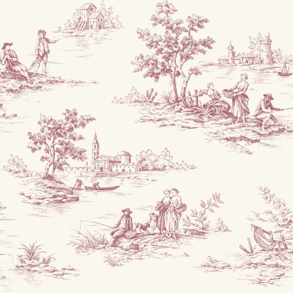 Tapete mit Toile-de-Jouy-Muster, ländliche Szenen mit Personen, Gebäuden und Bäumen im skizzierten Stil.