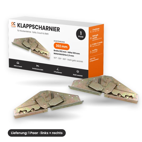 Ein Paar Klappscharniere aus verzinktem Stahl mit 302 Millimetern Breite für Rückenlehnen von Sofas und Betten in einer Produktverpackung.