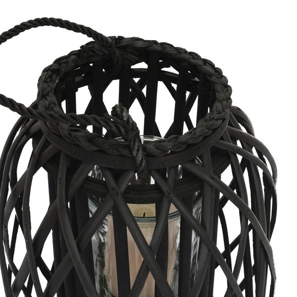 ECD Germany Laterne Ried 50 x Ø28 cm mit Henkel, Schwarz, Seilfaser, Flechtoptik, Rattan Windlicht mit Glaseinsatz, Retro-Laterne Korbgeflecht, Handgeflochtene Gartenlaterne Kerzenhalter Kerzenständer
