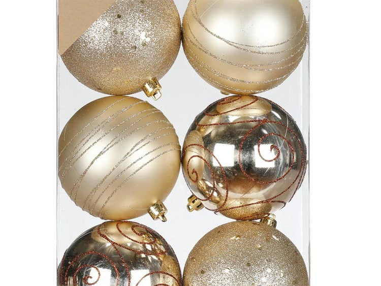 Set mit dekorativen Weihnachtskugeln für den Christbaum mit verschiedenen Oberflächenstrukturen wie Glitzer und Muster