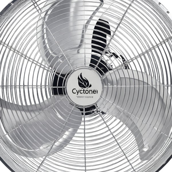 Metallventilator mit drei Flügeln und Schutzgitter, Cyclone Logo.