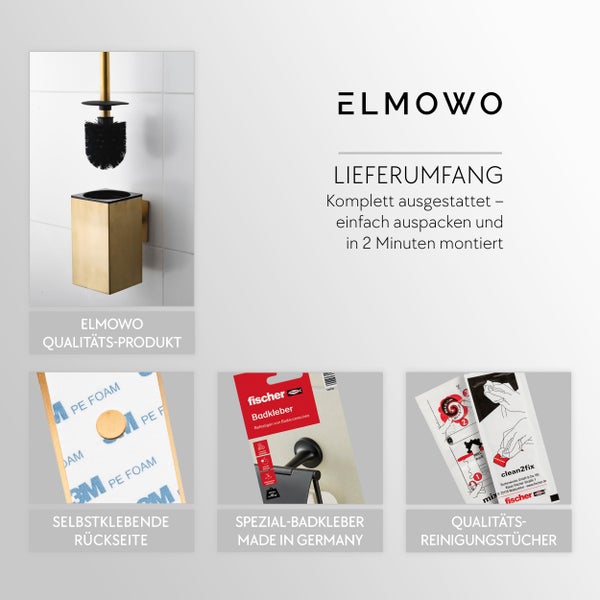 ELMOWO WC Bürstengarnitur zur Wandmontage mit Klebeset inklusive fischer Badkleber und Reinigungstüchern für einfache Installation ohne Bohren.