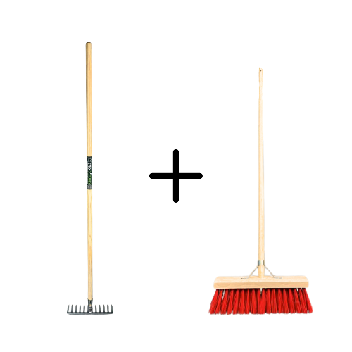 Gartenrechen und Straßenbesen mit Holzstiel