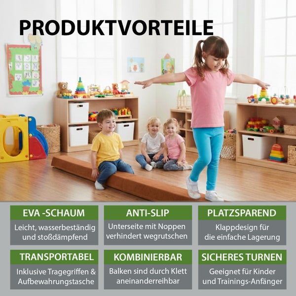 Kinder turnen auf einem braunen Schwebebalken aus EVA-Schaum in einem hellen Spielzimmer. Produktvorteile wie Rutschfestigkeit sind aufgeführt.