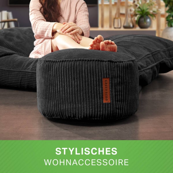 Green Bean Pouf-Kissen 45x25cm mit EPS-Perlen Füllung & Cordstoff Bodenkissen Liegekissen Sitzkissen Sitzhocker Sessel Kinder Erwachsene Stoff Hocker Ablage Schwarz