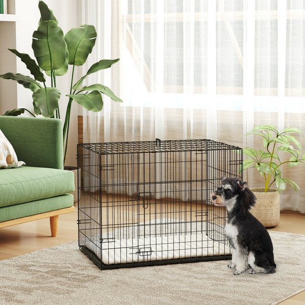 Schwarzer Metall-Hundekäfig mit weicher Matte in einem hellen Wohnzimmer neben einem kleinen Hund und einem grünen Sofa.