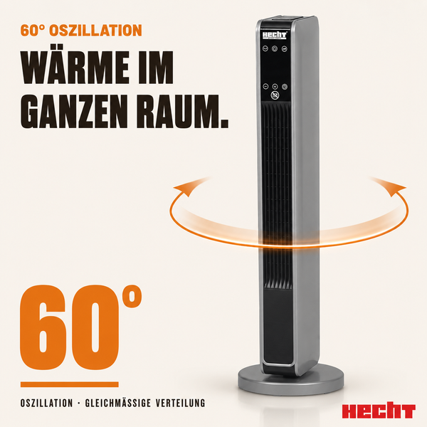 Turmheizgerät mit 60 Grad Oszillation für gleichmäßige Wärmeverteilung im Raum. Hecht Logo.