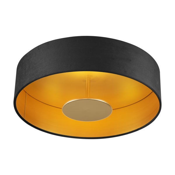Runde Deckenleuchte mit schwarzem Stoffschirm und goldfarbener Innenseite.