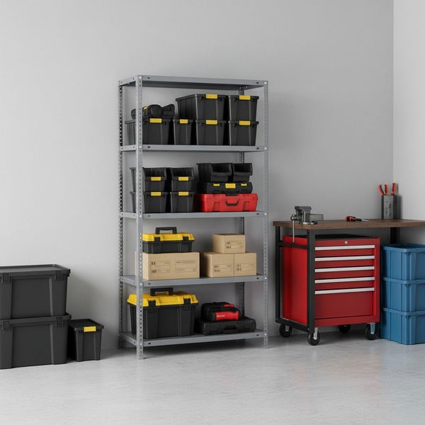 Helle, organisierte Werkstatt mit grauem Metallregal, Werkzeugkisten und einem roten Rollwagen unter einer Werkbank mit Schraubstock.