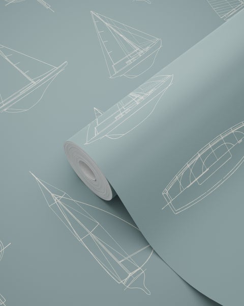 Vliestapete mit Segelboot-Motiven, maritime Wandbekleidung mit feinen Linienzeichnungen von Segelschiffen.