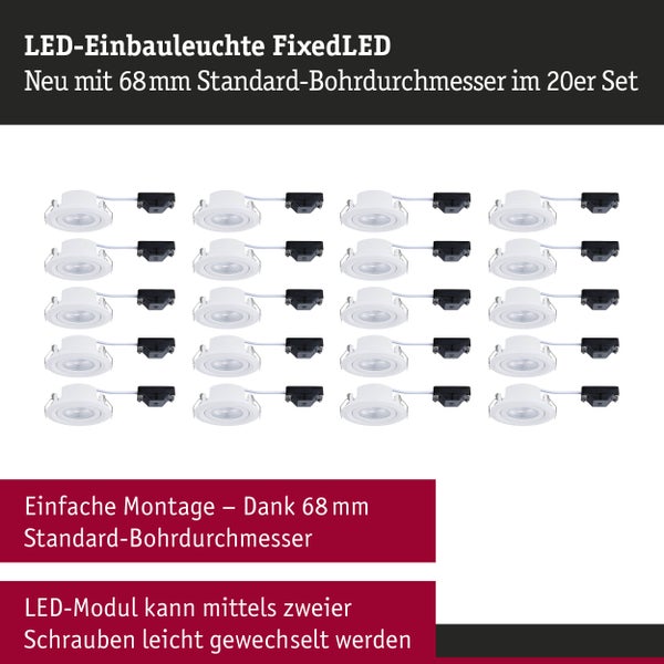 20er Set LED-Einbauleuchten FixedLED mit 68 Millimeter Standard-Bohrdurchmesser und austauschbarem LED-Modul.