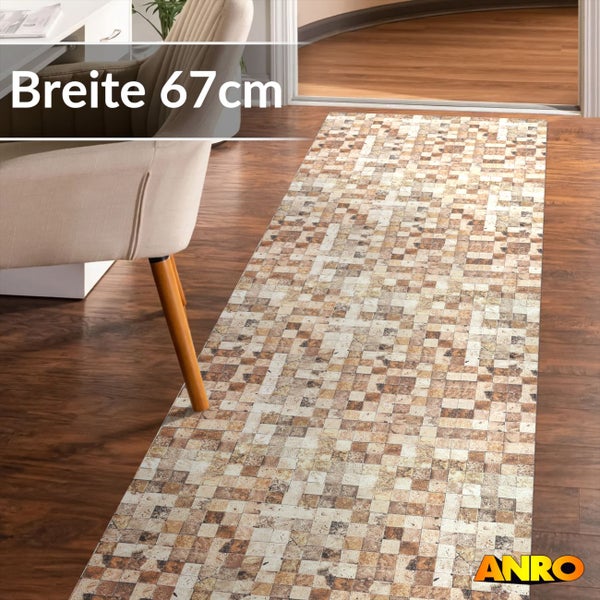 ANRO Teppichläufer mit Mosaik-Muster, Breite 67 Zentimeter, auf Holzboden in einem Raum mit Stuhl und Schreibtisch. ANRO Logo.