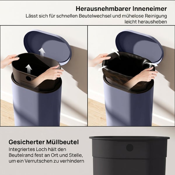 Abfalleimer mit herausnehmbarem Inneneimer und integriertem Loch zur Fixierung des Müllbeutels.