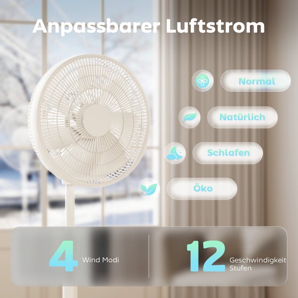 Standventilator mit anpassbarem Luftstrom, 4 Wind-Modi (Normal, Natürlich, Schlafen, Öko) und 12 Geschwindigkeitsstufen.