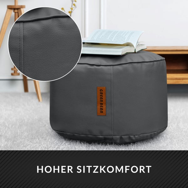 Grauer Sitzpouf aus Kunstleder mit Buch und Green Bean Logo