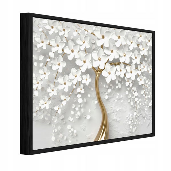 Wandbild mit abstraktem Baum und Blüten in 3D Optik gerahmt