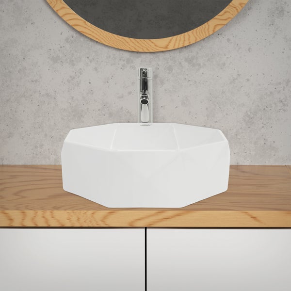 ML-Design Waschbecken aus Keramik in Weiß glänzend, Ø 42x13,5 cm, Diamant Design, Runde Aufsatzwaschbecken, Moderne Waschtisch, Waschschale Waschplatz Handwaschbecken, für das Badezimmer und Gäste-WC