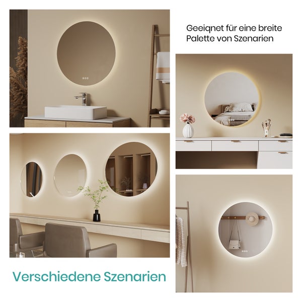 Collage eines runden LED-Spiegels mit Hintergrundbeleuchtung in verschiedenen Räumen wie Badezimmer, Schlafzimmer, Friseursalon und Flur.