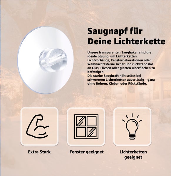 Saugnapf zur Befestigung von Lichterketten an Fenstern und glatten Oberflächen