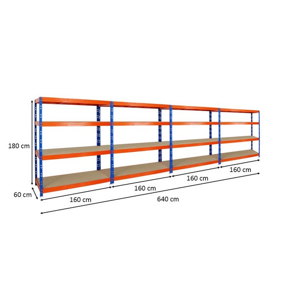 PROREGAL Mega Deal 4x Profi Schwerlastregal Rhino HxBxT 180 x 160 x 60 cm 4 Spanplatten-Ebenen 8mm Fachlast 500 kg Blau-Orange