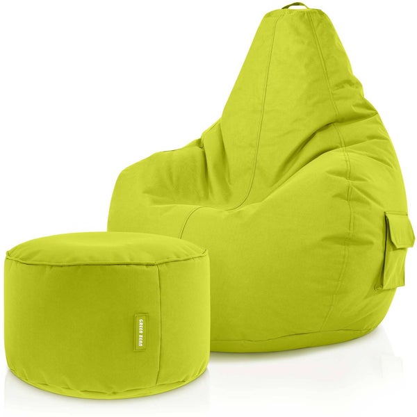 Green Bean 2er Set Sitzsack + Hocker - fertig befüllt - robust waschbar schmutzabweisend - Kinder & Erwachsene Bean Bag Bodenkissen Lounge Sitzhocker Relax-Sessel Gamer Gamingstuhl Pouf - Hellgrün