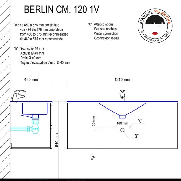 Technische Zeichnung des Berlin CM 120 1V Waschtischunterschranks