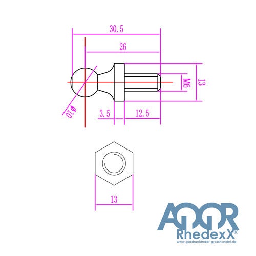 Technische Zeichnung eines Kugelbolzens mit M6 Gewinde, 10 Millimeter Kugel, 13 Millimeter Sechskant und Maßen. AQOR Rhedexx Logo.