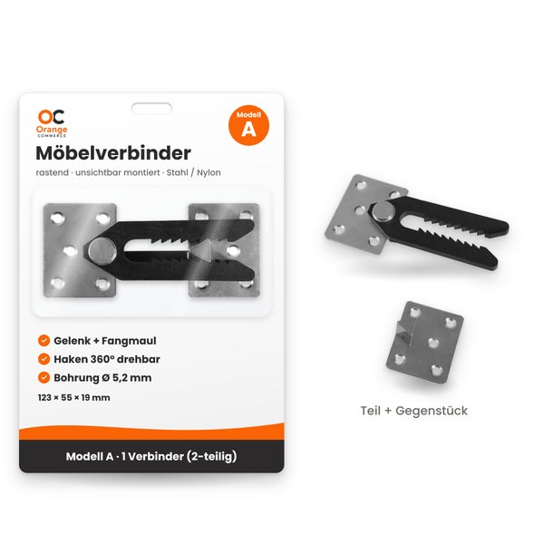Orange Commerce Möbelverbinder Modell A aus Stahl und Nylon zur unsichtbaren Verbindung mit Gelenk und Fangmaul inklusive Gegenstück.