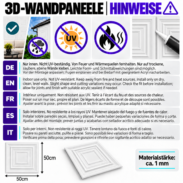 Infografik mit Montagehinweisen und Maßen für 3D Wandpaneele zur Verwendung im Innenbereich.