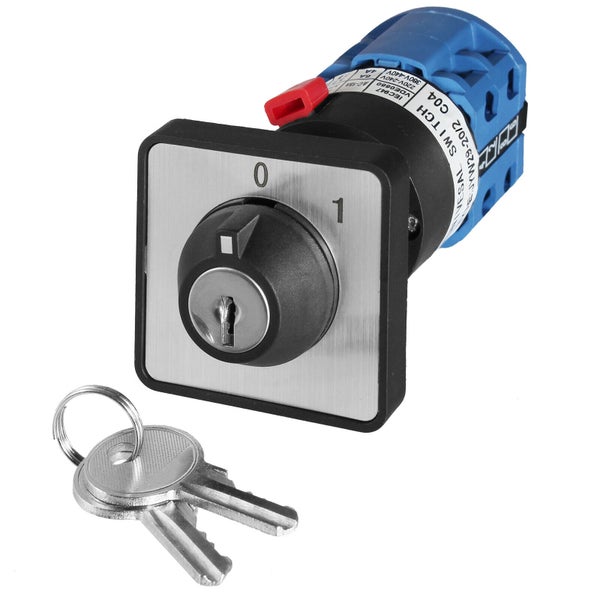 Schwarzer Nockenschalter als Schlüsselschalter mit blauen Details, zwei Schaltpositionen 0 und 1, Metallfrontplatte und zwei silbernen Schlüsseln.