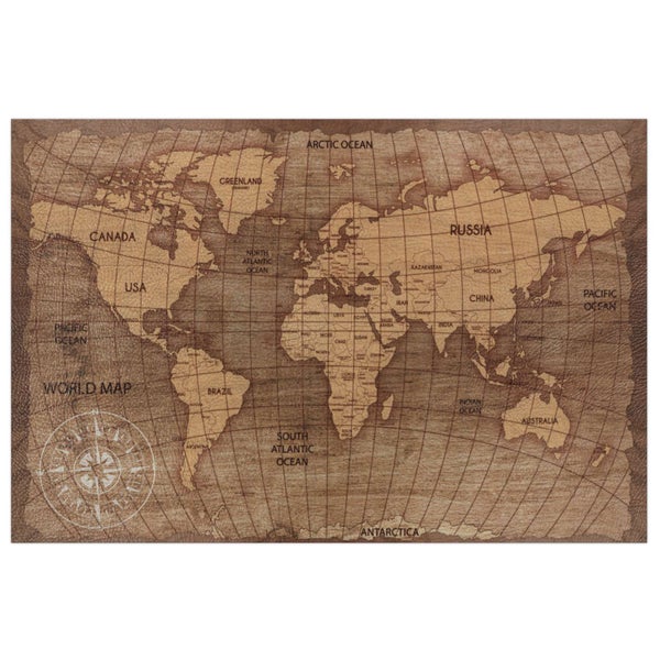 Weltkarte Wandbild im Vintage-Stil auf strukturierter Oberfläche mit Kompassrose und Länderbezeichnungen.