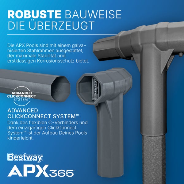 Detailaufnahme des Bestway APX 365 Poolrahmens mit ClickConnect System