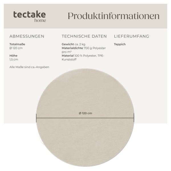 Kurzflorteppich tectake rutschfeste Unterseite verschiedene Größen und Farben Ø 120 cm