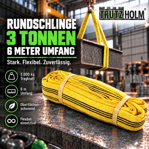 Trutz Holm Rundschlinge mit 3.000 Kilogramm Tragkraft und 6 Meter Umfang für den Einsatz im Industriebereich.