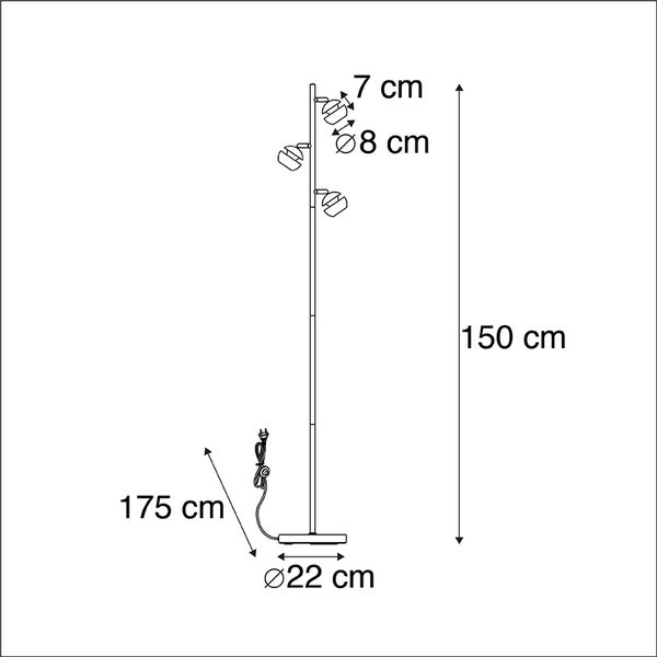 Skizze einer Stehlampe mit den Maßen 150 cm Höhe, 22 cm Durchmesser des Fußes, 7 cm Lampenkopfbreite, 8 cm Lampenkopfdurchmesser und 175 cm Kabellänge.