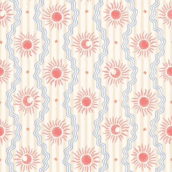 Tapete mit einem Muster aus Sonnen, Mondsicheln, Sternen und wellenförmigen vertikalen Linien.