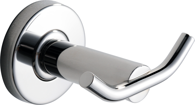 Glänzender Doppel-Handtuchhaken aus verchromtem Metall mit runder Wandbefestigung.