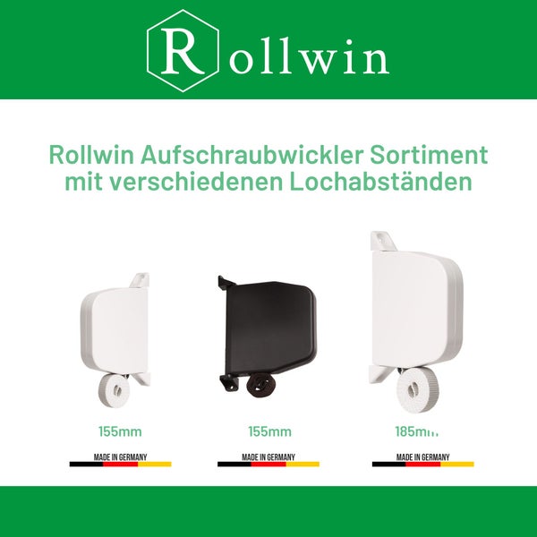 Rollwin 2x Rolladen Gurtwickler Aufputz - aus Deutschland - 185mm Lochabstand Weiß - Maxi Rollladen Aufwickler mit 5m Gurt 23mm Grau genoppt Maxi Wickler aufklappbar inklusive Rolladengurt