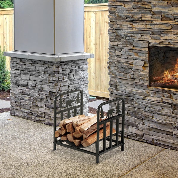 Outsunny Kaminholzregal, mit Griffe, für Outdoor, Indoor, bis 50 kg, 42 x 33,5 x 43 cm, Metall, Schwarz