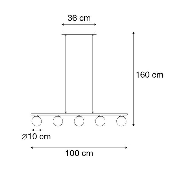 Technische Zeichnung einer Hängeleuchte mit fünf Leuchten, Länge 100 cm, Höhe 160 cm, Lampenschirmdurchmesser 10 cm