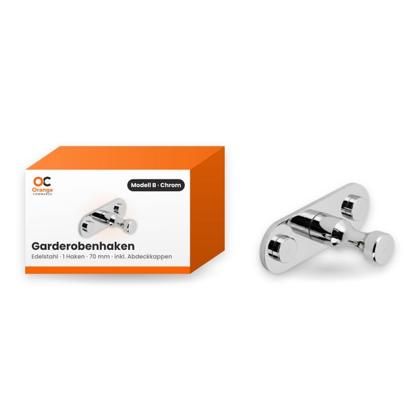 Einzelner Garderobenhaken aus Edelstahl Modell B 70 mm mit Abdeckkappen und Orange Commerce Logo auf der Verpackung