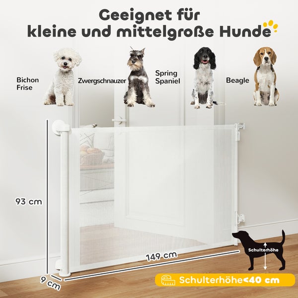 Ausziehbares Schutzgitter für kleine und mittelgroße Hunde bis 149 Zentimeter Breite und 93 Zentimeter Höhe. Für Schulterhöhe unter 40 Zentimeter.