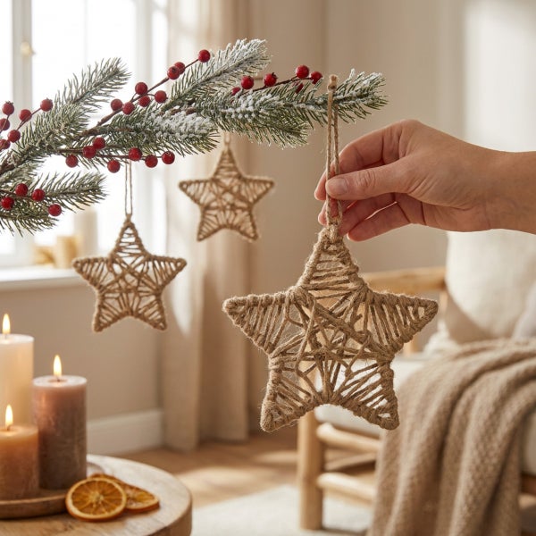 Eine Hand hängt einen sternförmigen Weihnachtsschmuck aus Jute an einen künstlichen Tannenzweig mit roten Beeren in einem wohnlichen Zimmer.