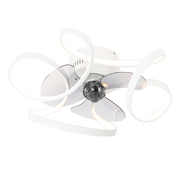 Moderner Deckenventilator mit drei Flügeln und geschwungener LED-Beleuchtung.